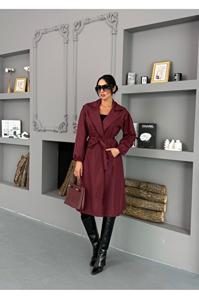 AYS Belden Bağlamalı Bordo Balon Kol Trençkot
