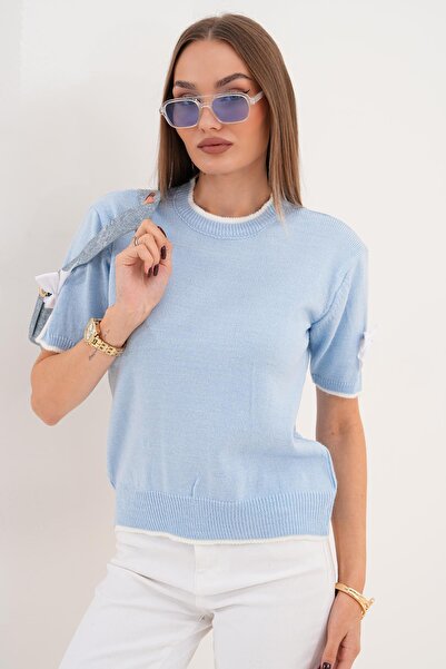 ŞİMAL Pulover tricotat pentru femei, cu detaliu de fundă pe mânecă, cu mâneci scurte, 255180 -