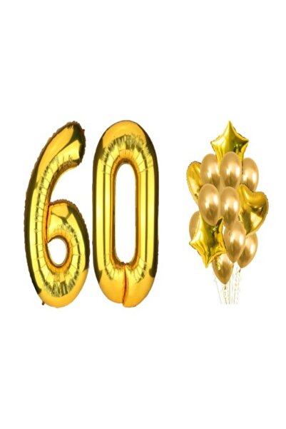 OEM Set de 16 baloane aurii – aniversare de 60 de ani (cifra 98 cm, stele 45 ...