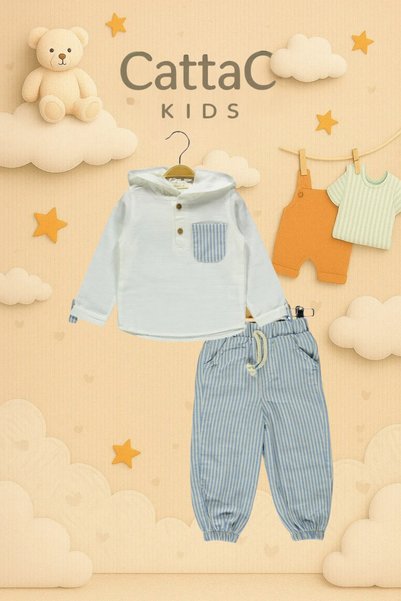 Cattac Kids Erkek Çocuk Beyaz Kapüşonlu Dokulu Üst ve Mavi Çizgili Pantolon 2'li Takım (2-5 Yaş)