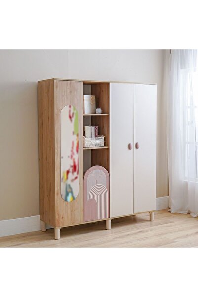 Danube Home Zeta 4-Door Wardrobe with Mirror & Open Shelves - Offwhite & Pink...