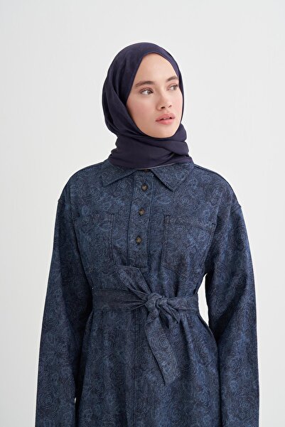 carell Liz Desenli Uzun Denim Elbise Koyu Mavi