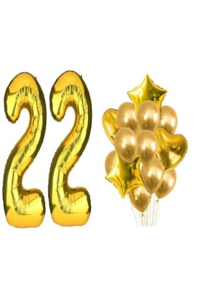 OEM Set de 16 baloane aurii, aniversare 22, balon cu numere 100 cm, steluțe 4...