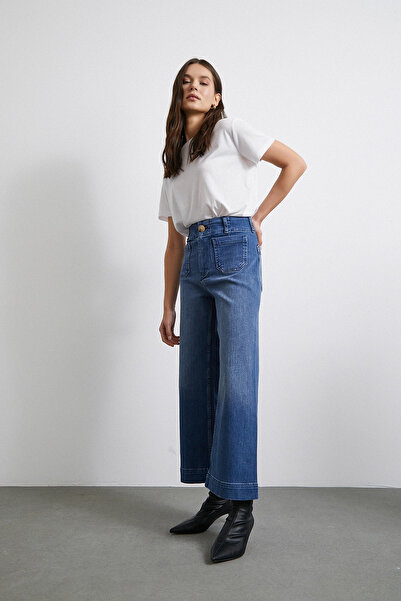 LC Waikiki Cep Ve Düğme Detaylı Wide Leg Jean Mavi