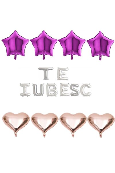 OEM Set de 16 baloane folie „TE IUBESC” argintii cu inimioare aurii roz și st...