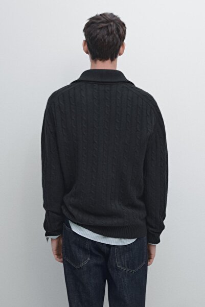 Massimo Dutti %100 yün saç örgülü fermuarlı hırka