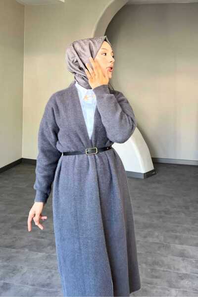 Safgiyim44 Angora Long Belted Cardigan Anthracite Gray