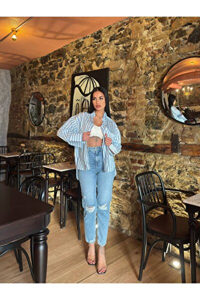 JESSE STORY Cămașă oversize cu dungi pentru femei, manșetă lată (bumbac) 75 cm