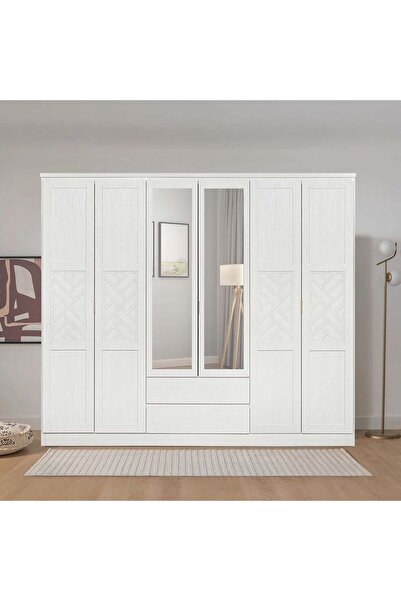 Danube Home خزانة ملابس كازابلانكا بستة أبواب ودرجين ومرايا - خشب بلوط أبيض، خشب هندسي، 240×55×210 سم