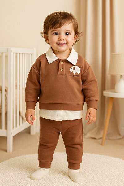 dinamik çocuk Baby Boy Adventure Embroidery Collar Detailed 2-Piece Set 3-Thread Winter Sweatshirt and Bottoms 100% Cotton 6-24 Months