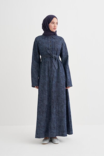 carell Liz Desenli Uzun Denim Elbise Koyu Mavi