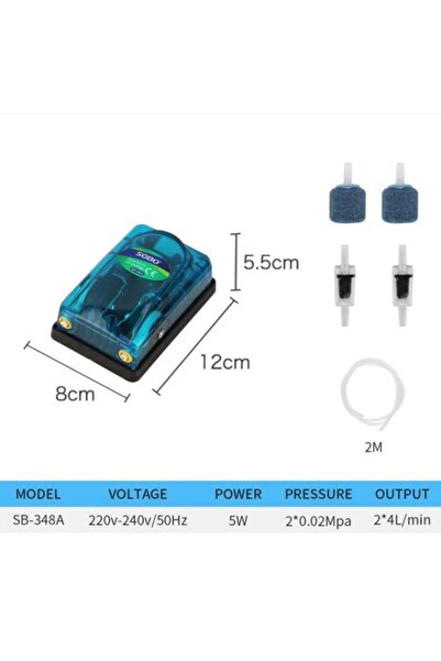 Sobo SEBO aquarium air pump, 2 outputs, 5W, 220–240V, 2×4 L/min, with 2 m hose, 2 check valves, 2 feet