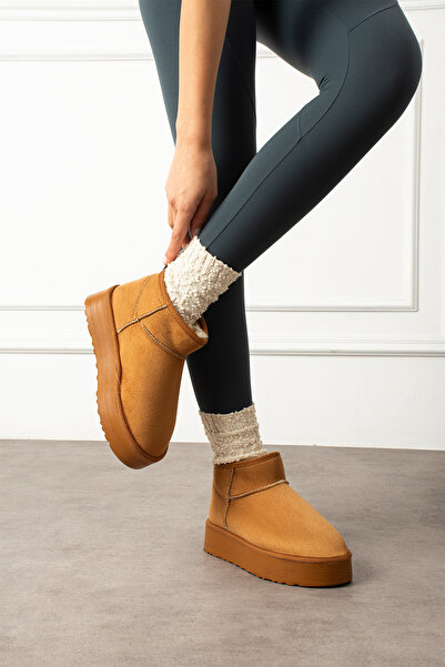 Rebel shoes Kadın Taba Süet İçi Kürklü Yüksek Taban Bilekten Kısa Ug Bot