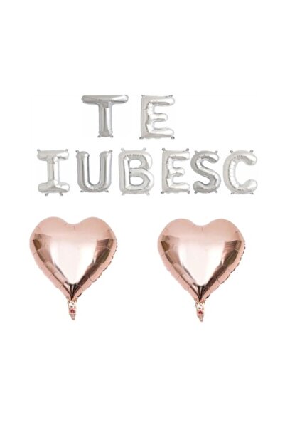 OEM Set of 10 foil balloons 'TE IUBESC' silver, rose gold hearts