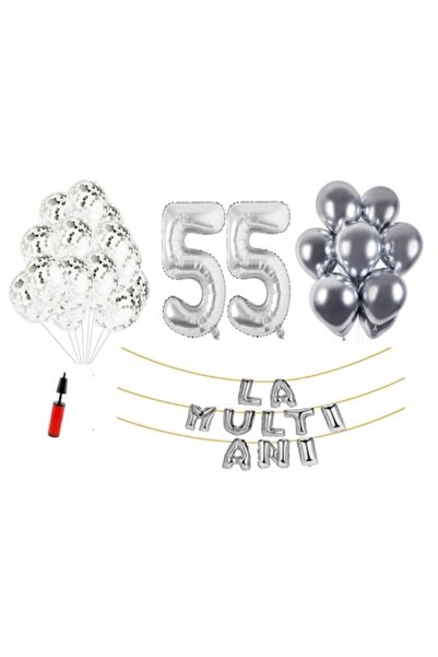 OEM Set 33 de baloane din folie - „La mulți ani” și „55” 101 cm, argintii