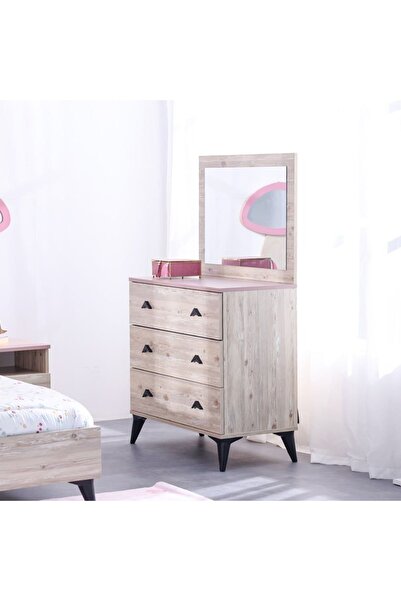 Danube Home Bliss 3-Drawer Dresser with Mirror - Oak/Pink, Stylish Bedroom Storage - 42x142x85cm, 5-Yrs Warranty