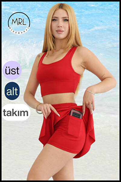 missmaral Kadın Kırmızı 2 Katmanlı Spor Mayo Şortlu Takım – Sabit Pedli Üst, Cepli Beli Lastikli Şort