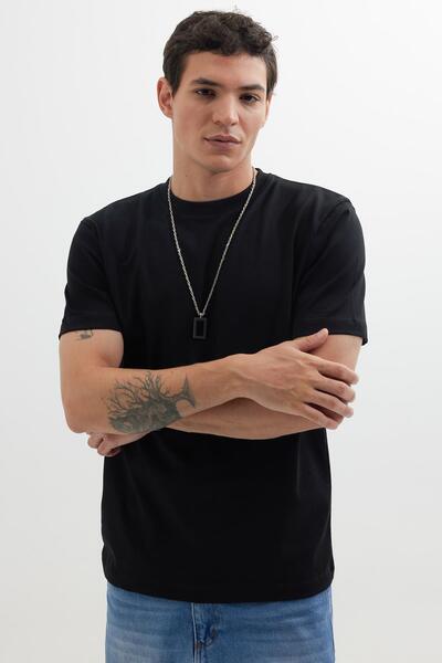 Tudors Ανδρικό μπλουζάκι με κλασική εφαρμογή, 100% βαμβακερό, μαύρο μπλουζάκι με λαιμόκοψη