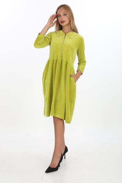 STELLETO Bebe Yakalı Belden Büzgülü Fermuarlı Cepli Kışlık Kadife Büyük Beden Elbise