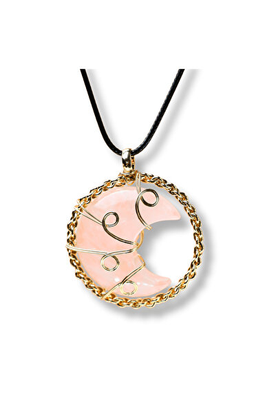 craftmystic Colier rafinat placat cu aur în formă de semilună cu cristal de cuarț roz