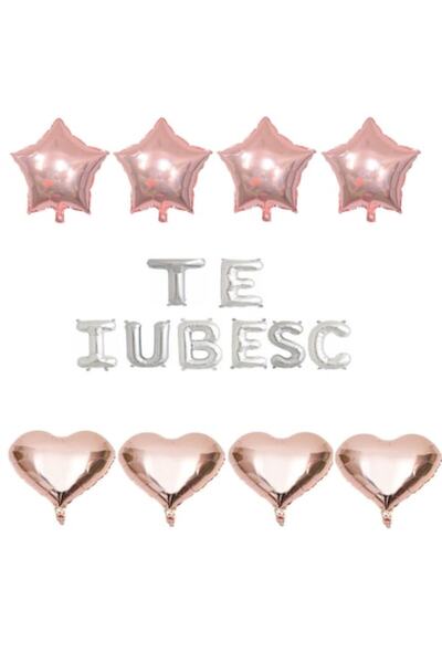 OEM Set of 16 foil balloons 'I LOVE YOU' silver with rose gold hearts and stars