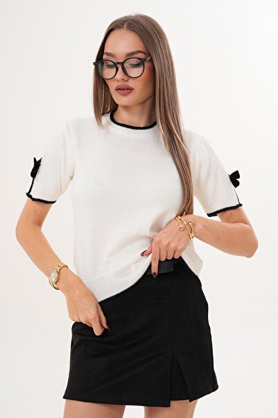 ŞİMAL Pulover tricotat pentru femei, cu detaliu de fundă pe mânecă, cu mâneci scurte, 255180 -