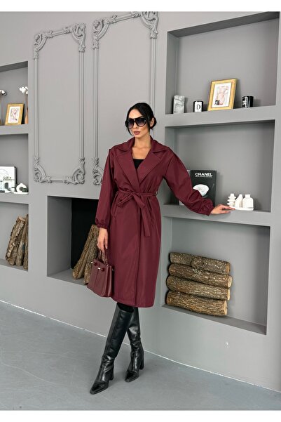 AYS Belden Bağlamalı Bordo Balon Kol Trençkot