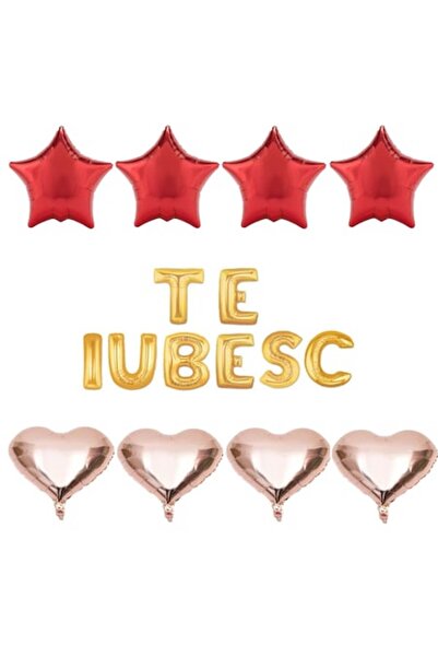 OEM Set de 16 baloane folie „TE IUBESC” - auriu, inimioare auriu-roz, stele r...