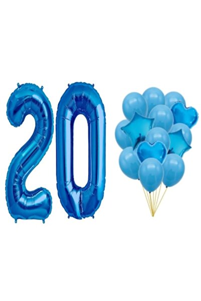 OEM Set of 16 Blue Balloons - 20th Anniversary, Number 98cm, Stars 45cm, Hearts 45cm, Latex 26cm