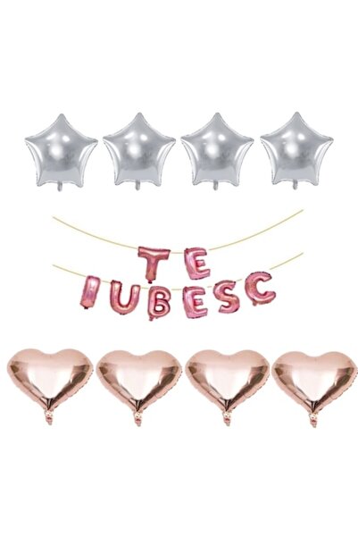 OEM Set de 16 baloane folie "TE IUBESC" Auriu roz (inimi auriu roz, stele arg...