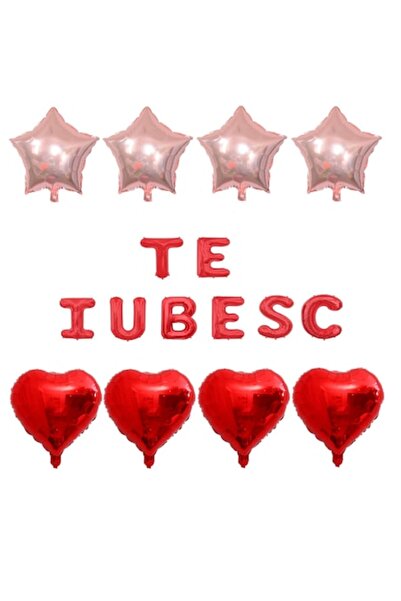 OEM Set de 16 baloane folie „TE IUBESC” roșii - inimioare și steluțe aurii roz