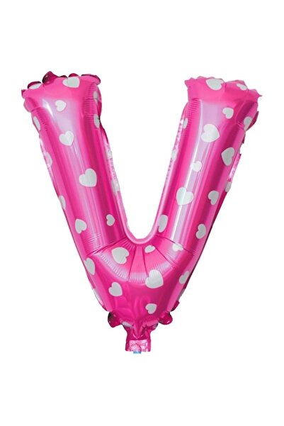 Danex Foil Balloon Letter V, 40 cm, Heart Print, Pink, Includes Inflation Straw