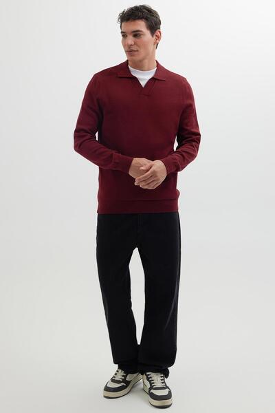 Tudors Erkek Standart Fit Normal Kesim Polo V Yaka Bordo Triko Kazak