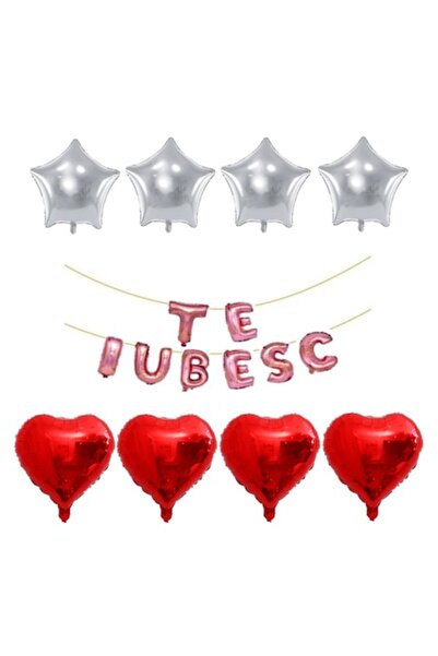 OEM Set of 16 foil balloons 'TE IUBESC' - rose gold, red hearts, silver stars