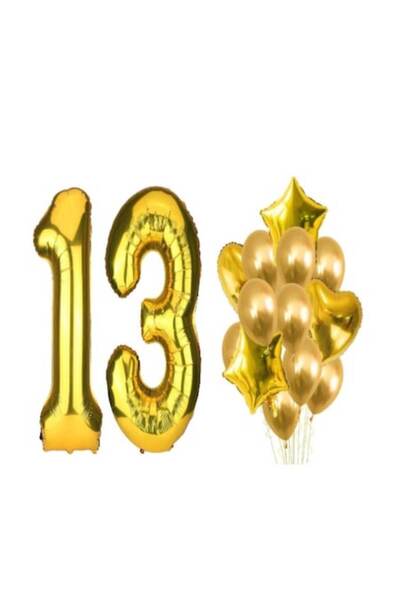 OEM Set de 16 baloane aurii, aniversare 13 ani, număr 101 cm, steluțe 45 cm, ...
