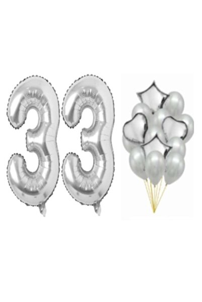 OEM Set de 16 baloane argintii, aniversare (33 de ani) cu număr 98cm, stele 4...