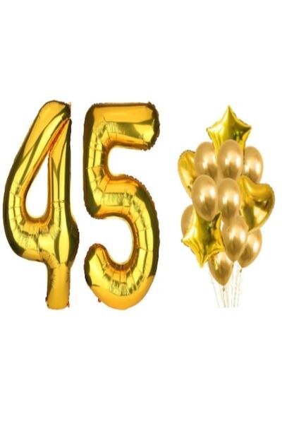 OEM Set de 16 baloane aurii, aniversare 45 de ani (98 cm număr, 45 cm stele ș...