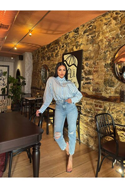 JESSE STORY Cămașă oversize cu dungi pentru femei, manșetă lată (bumbac) 75 cm