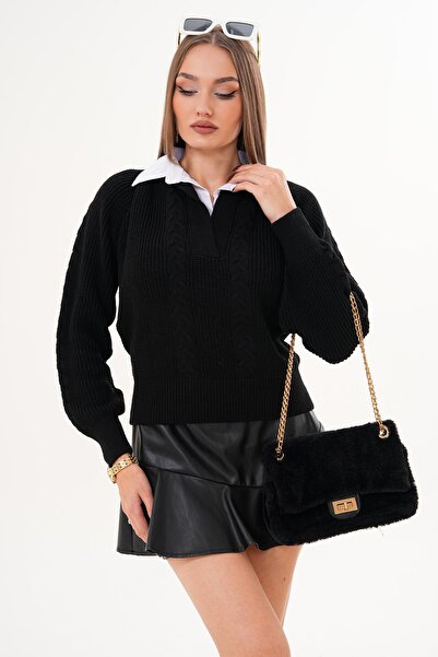 ŞİMAL Kadın Gömlek Yaka Detaylı Selanik Örme Kazak 255153 -