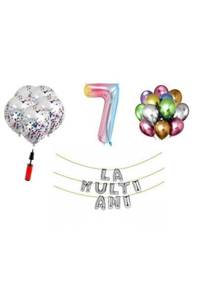 OEM Set de 32 de baloane – La mulți ani (7 ani), număr folie 100 cm, curcubeu