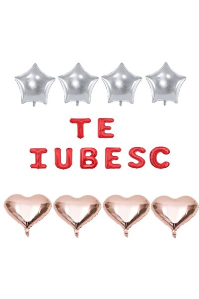 OEM Set de 16 baloane folie „TE IUBESC” roșii - inimioare aurii roz, stele ar...