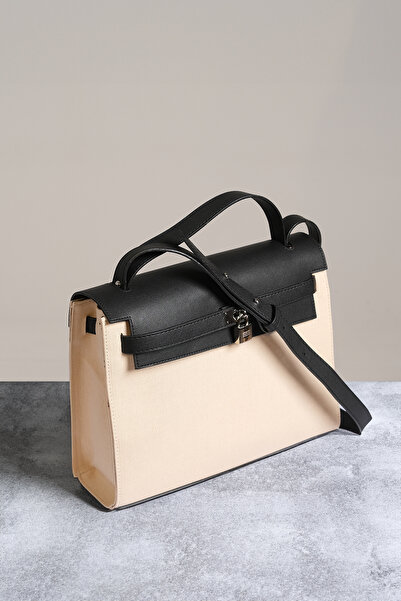 CANTACOMBINE Γυναικεία δερμάτινη τσάντα καμβά με λεπτομέρειες και αξεσουάρ κλειδαριάς Bitter Black