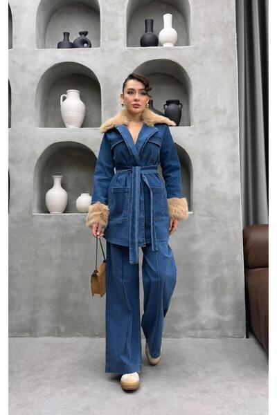 Cardella Denim Double Suit with Fur Detail on Collar and Sleeves | Pants Jacket Women's Jeans Set