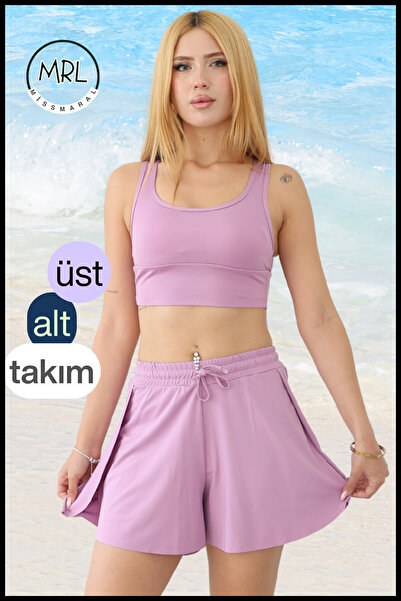 missmaral Women's Lilac Color 2-Layer Sports Swimsuit Shorts Set – Fixed Pad Top, Elastic Waist Shorts with Pockets