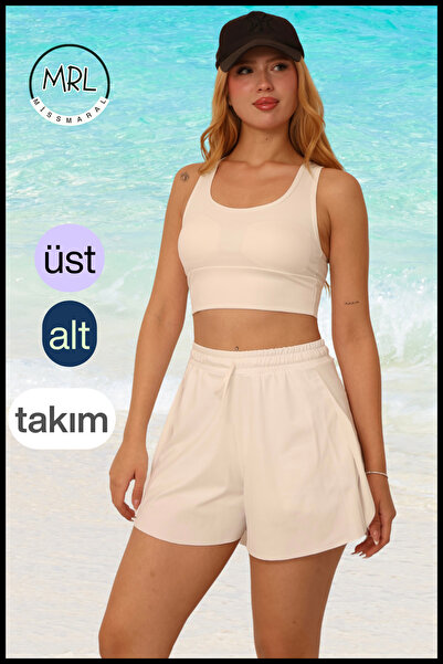 missmaral Women's Ecru Two-Layer Sports Swimsuit Set – Fixed Pad Top, Elastic Shorts with Pockets