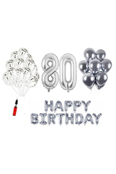 OEM Set de 36 de baloane folie - Happy Birthday '80' număr 100 cm, argintii