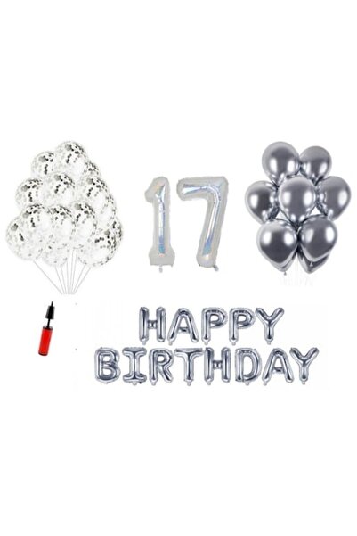 OEM Set 36 piese, baloane Happy Birthday aniversare 17 ani, cifre folie 100 c...