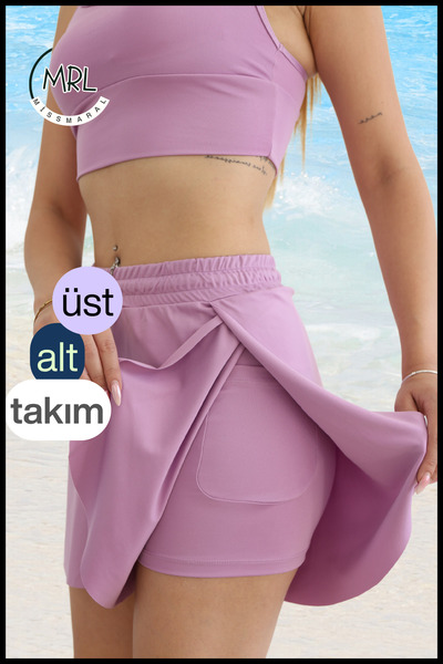 missmaral Women's Lilac Color 2-Layer Sports Swimsuit Shorts Set – Fixed Pad Top, Elastic Waist Shorts with Pockets