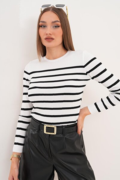 ŞİMAL Pulover pentru femei cu model în dungi și decolteu rotund 255098 -
