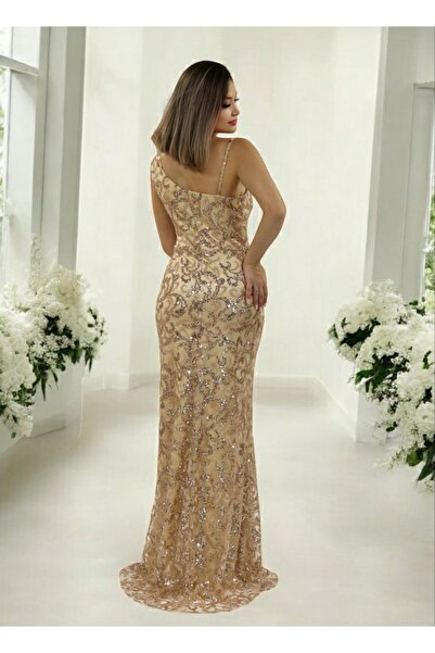 FaBe Fashion İP ASKILI SATEN KOMBİNLİ BELİ VE OMUZU İŞLEMELİ KUMAŞ ÖZELLİKLİ BONCUKLU ABİYE ELBİSE